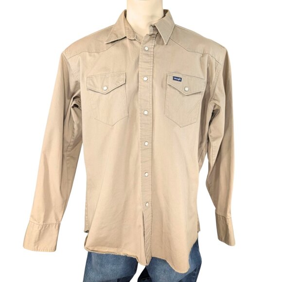 SOLD Wrangler XL Vintage Khaki Cotton Long Sleeve Pearl Button Western Shirt - Picture 1 of 9
